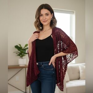 Marcus Adler Burgundy Red Floral Rose Velvet Velour Burnout Cardigan Sweater OS